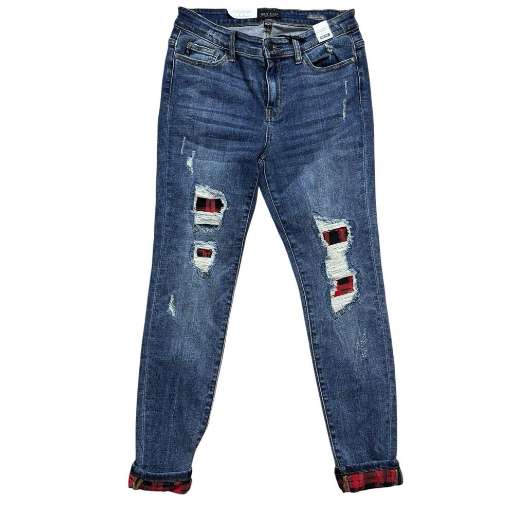 Judy Blue Skinny Jeans - Blue with Red Plaid Details